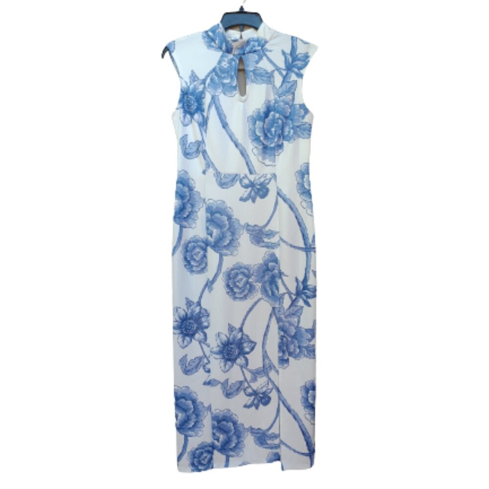EnFocus Studio Floral Print Evening Dress White Blue Sparkle Slit